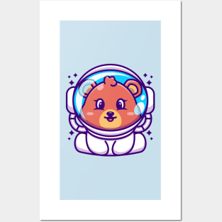 Cute baby bear wearing an astronaut helmet, cartoon character Posters and Art